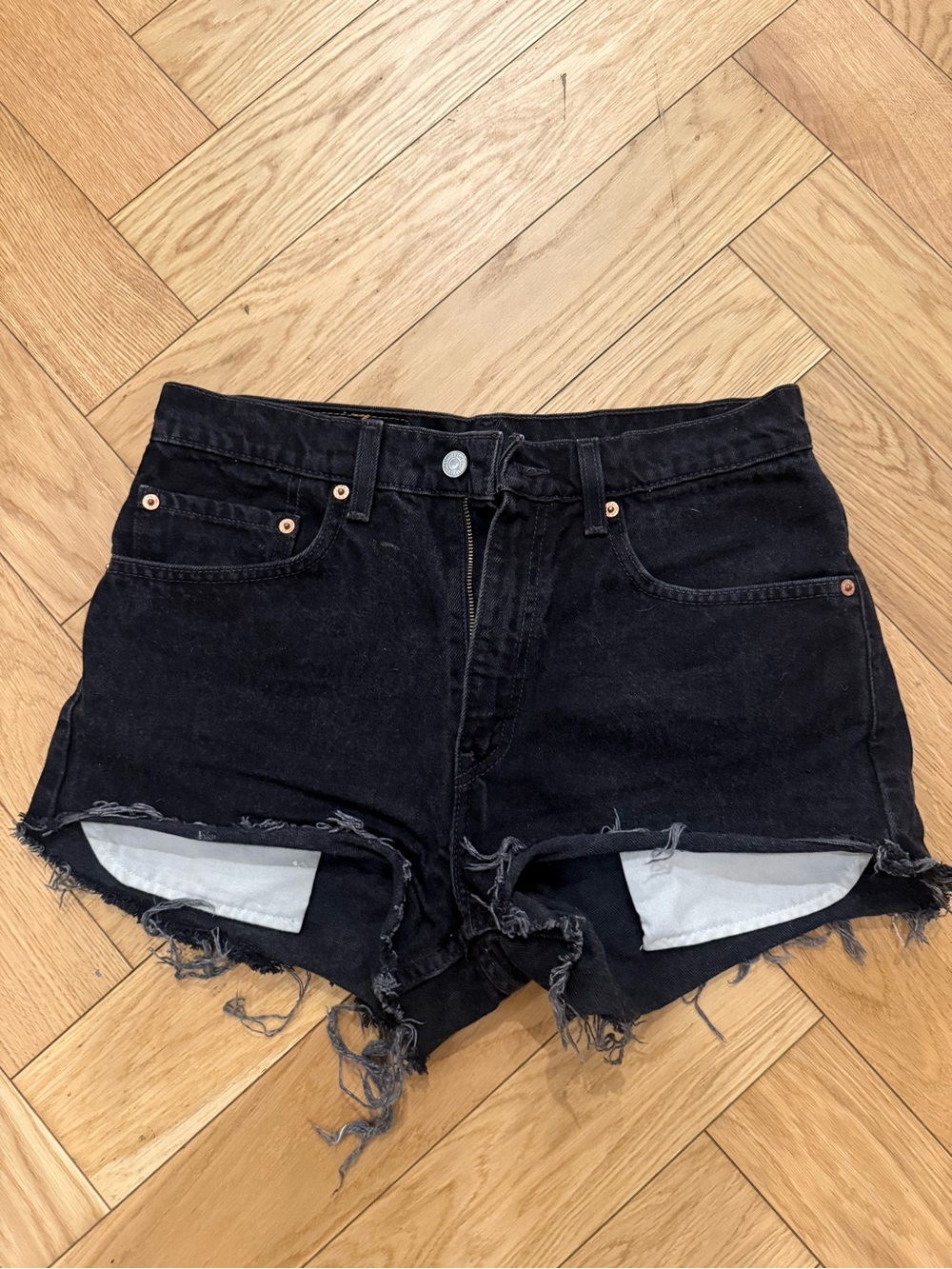 Black Distressed High-Rise Denim Cutoff Shorts
